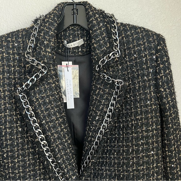 NWT Alice + Olivia Shan Tweed Chain Trim Blazer Jacket Black Metallic Size 0 - Picture 11 of 16